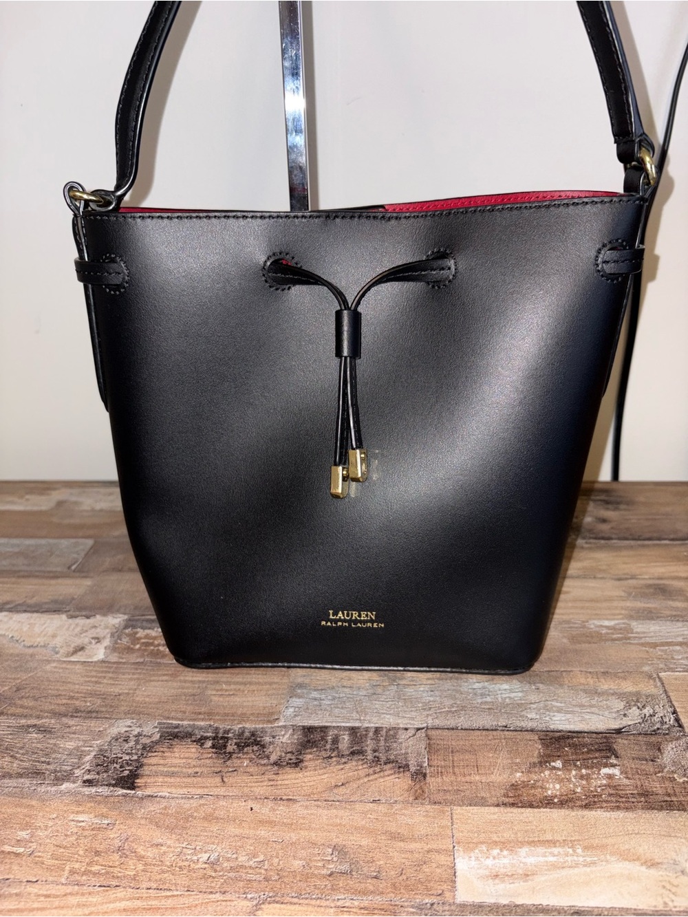 Ralph Lauren Black Leather Drawstring Crossbody with Red Lining